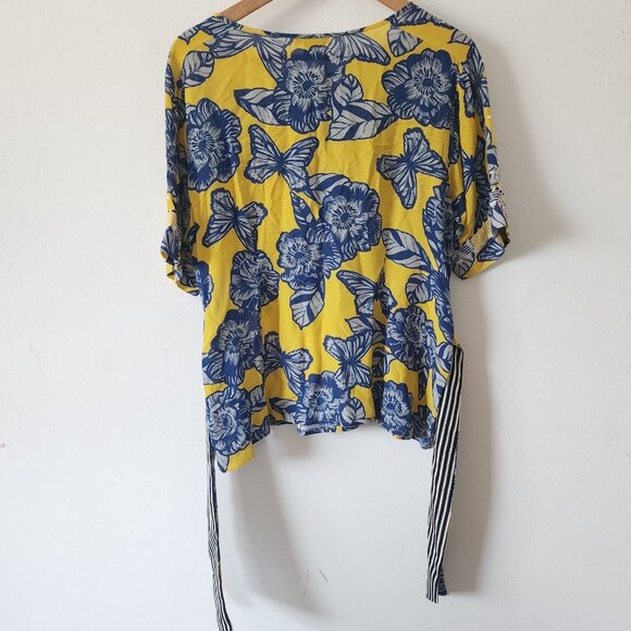 Womens Vineet Bahl Small Floral Short Sleeve Tie Waist Yellow Blue - Picture 9 of 9
